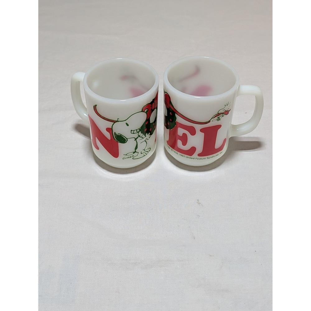 Vintage Fire-King Snoopy Noel Milk Glass Mugs Set of 2 Peanuts Christmas Mugs